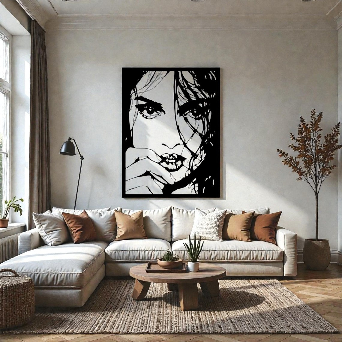 Quadro decorativo in metallo con volto femminile sensuale, arte da parete moderna per soggiorno, camera da letto e spazi raffinati