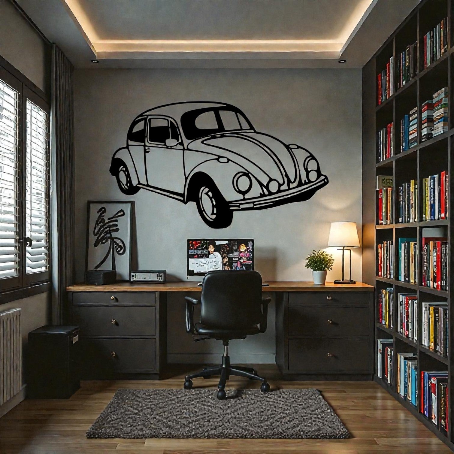 Quadro in metallo con iconico Maggiolino, decorazione murale per garage, officina, sala giochi e appassionati di auto d'epoca