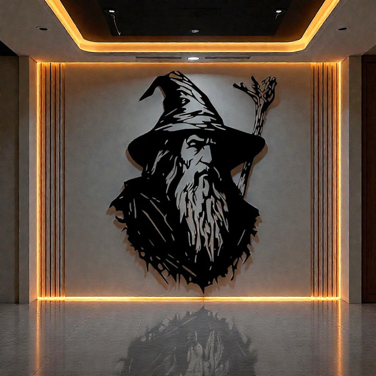 Quadro in metallo con iconico mago dalla barba bianca e bastone, decorazione murale per cameretta, sala giochi e appassionati di fantasy letterario