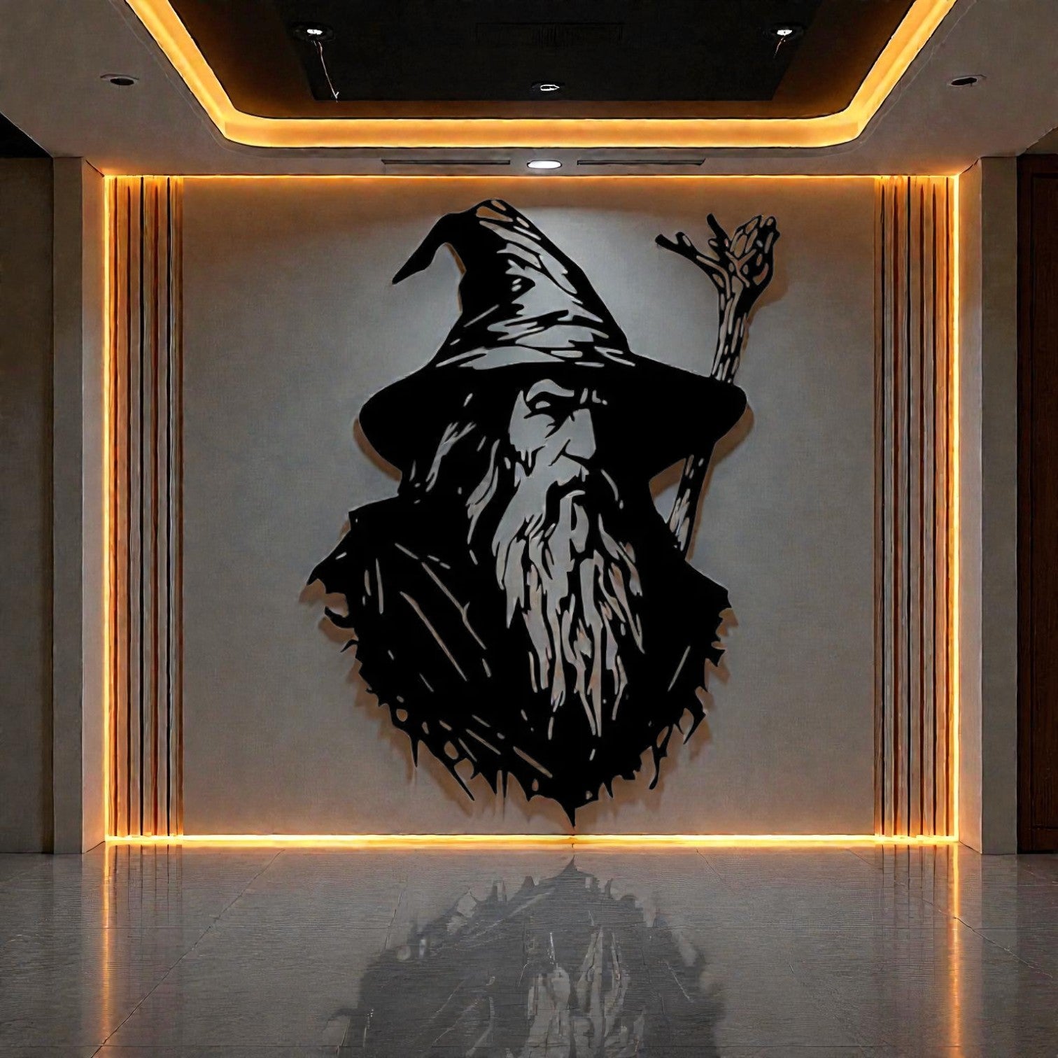 Quadro in metallo con iconico mago dalla barba bianca e bastone, decorazione murale per cameretta, sala giochi e appassionati di fantasy letterario