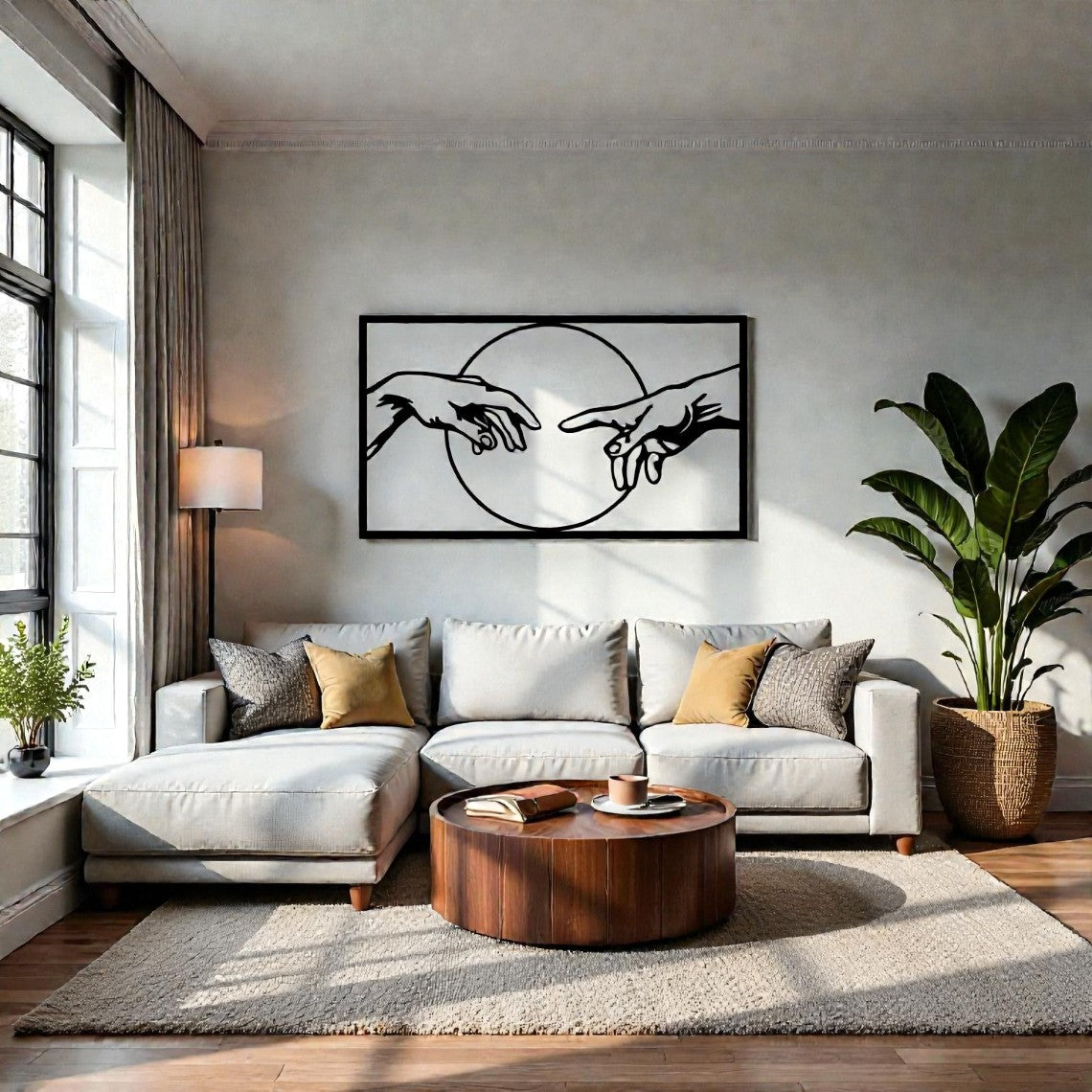 Scultura da parete in metallo ispirata alla Creazione di Adamo di Michelangelo, arte rinascimentale per arredamento classico