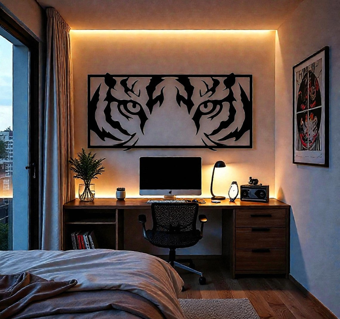 Quadro in metallo con sguardo intenso di tigre, decorazione murale per soggiorno, cameretta, studio e appassionati di animali selvatici e felini