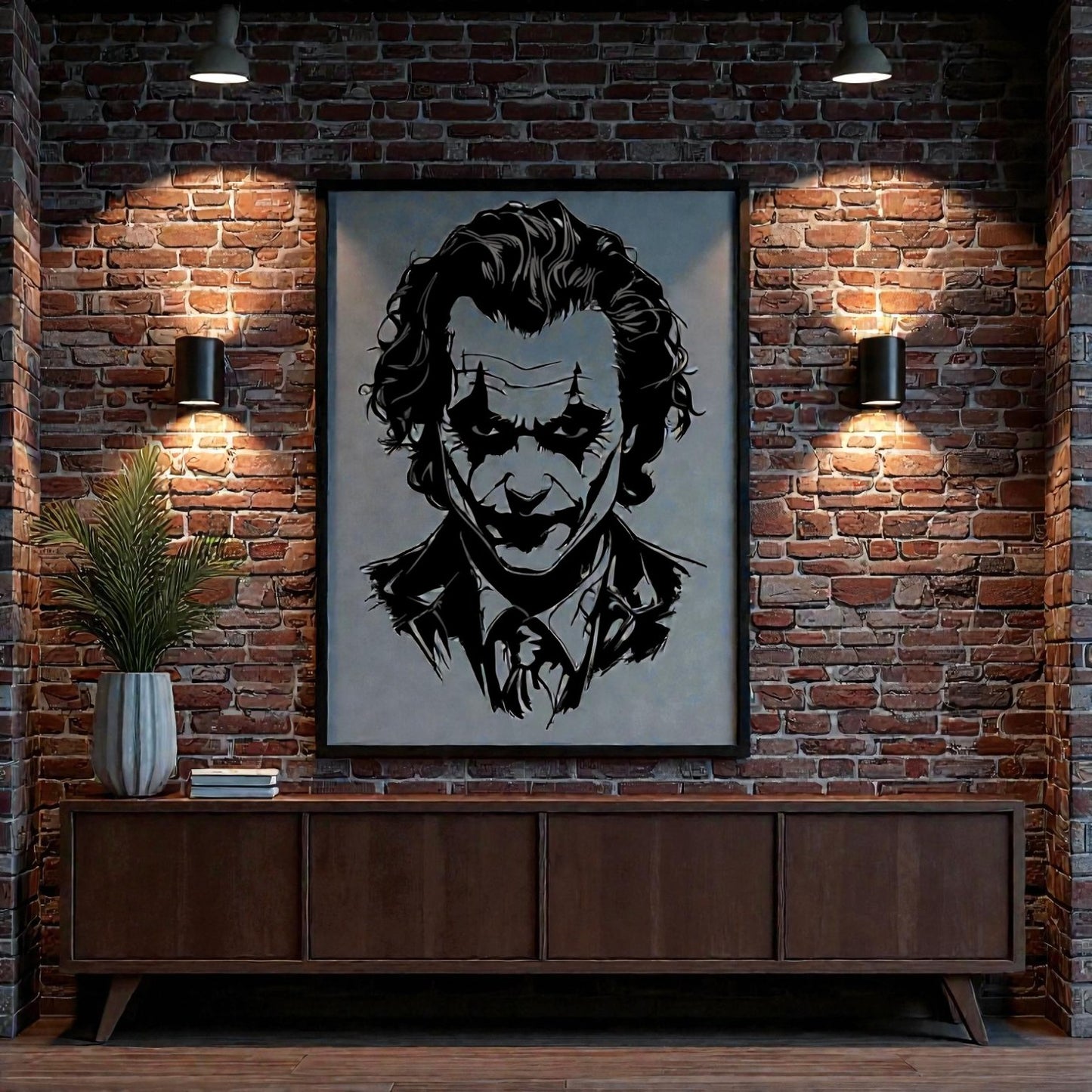 Quadro in metallo con iconico villain dal sorriso inquietante, decorazione murale per cameretta, sala giochi e appassionati di fumetti e cinema