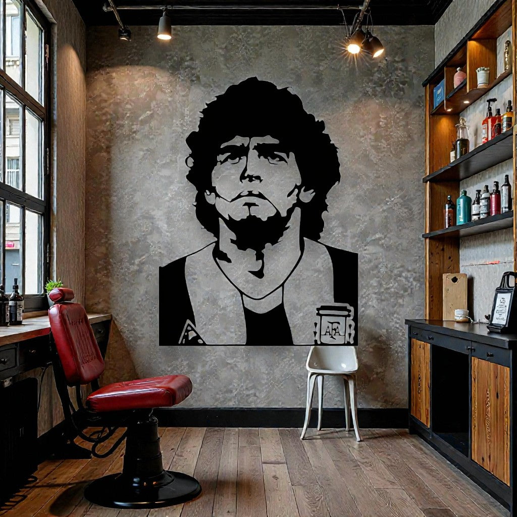 Arte murale in metallo nero Maradona in azione, campione mondiale Argentina '86, taglio laser Made in Italy