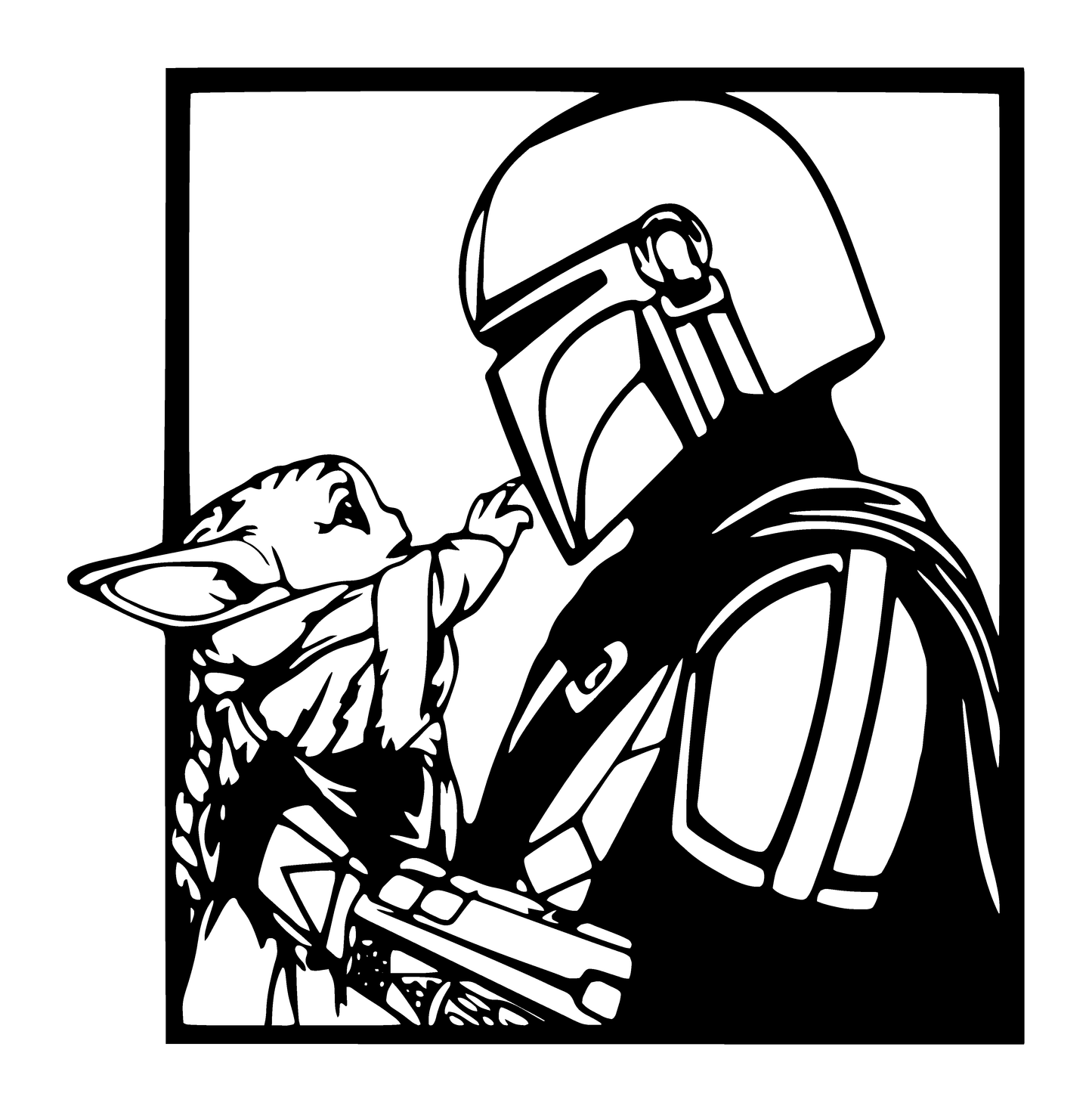 Quadro decorativo in metallo raffigurante guerriero spaziale con piccolo compagno alieno, finitura nera laser-cut