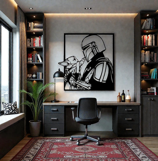 Pannello in metallo laser-cut con scena sci-fi iconica, personaggi cult saga spaziale, arte da parete premium