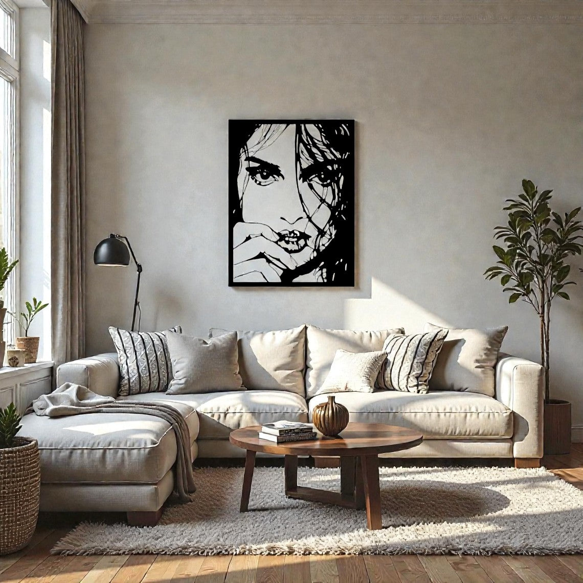 Opera d'arte in metallo rappresentante volto di donna sensuale, decorazione murale di design per ambienti eleganti