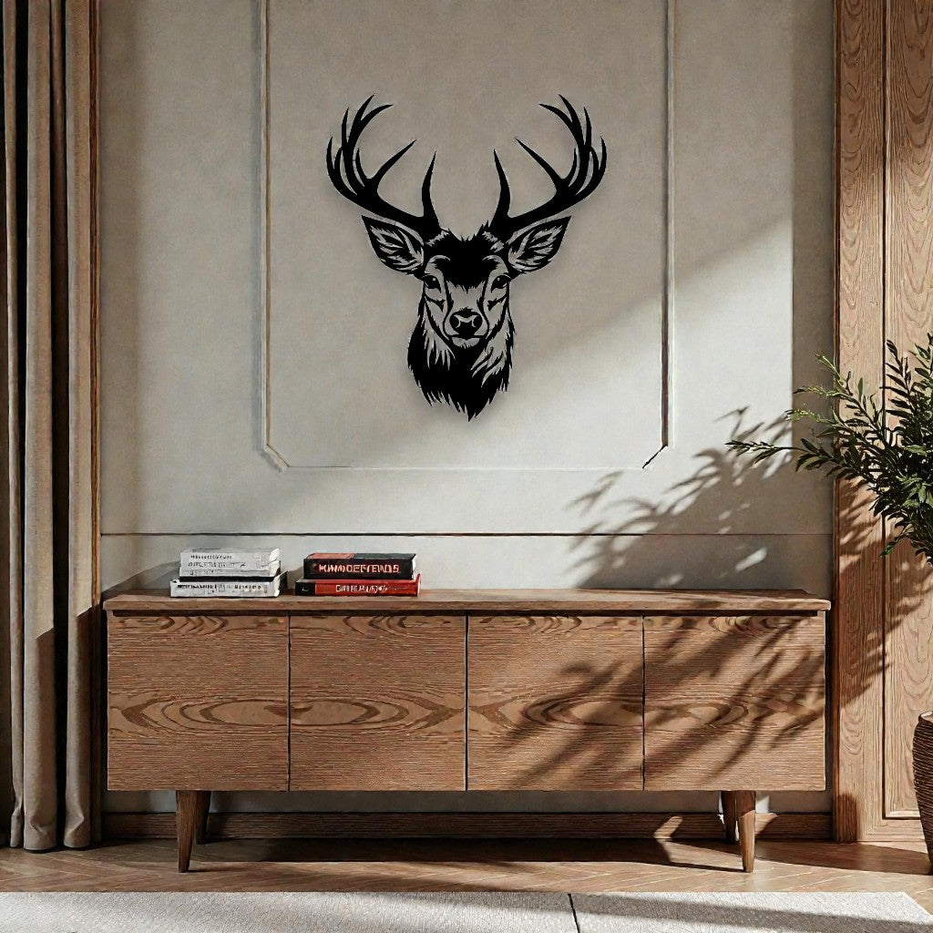 Quadro in metallo raffigurante volto di cervo come elemento decorativo in ambiente domestico elegante