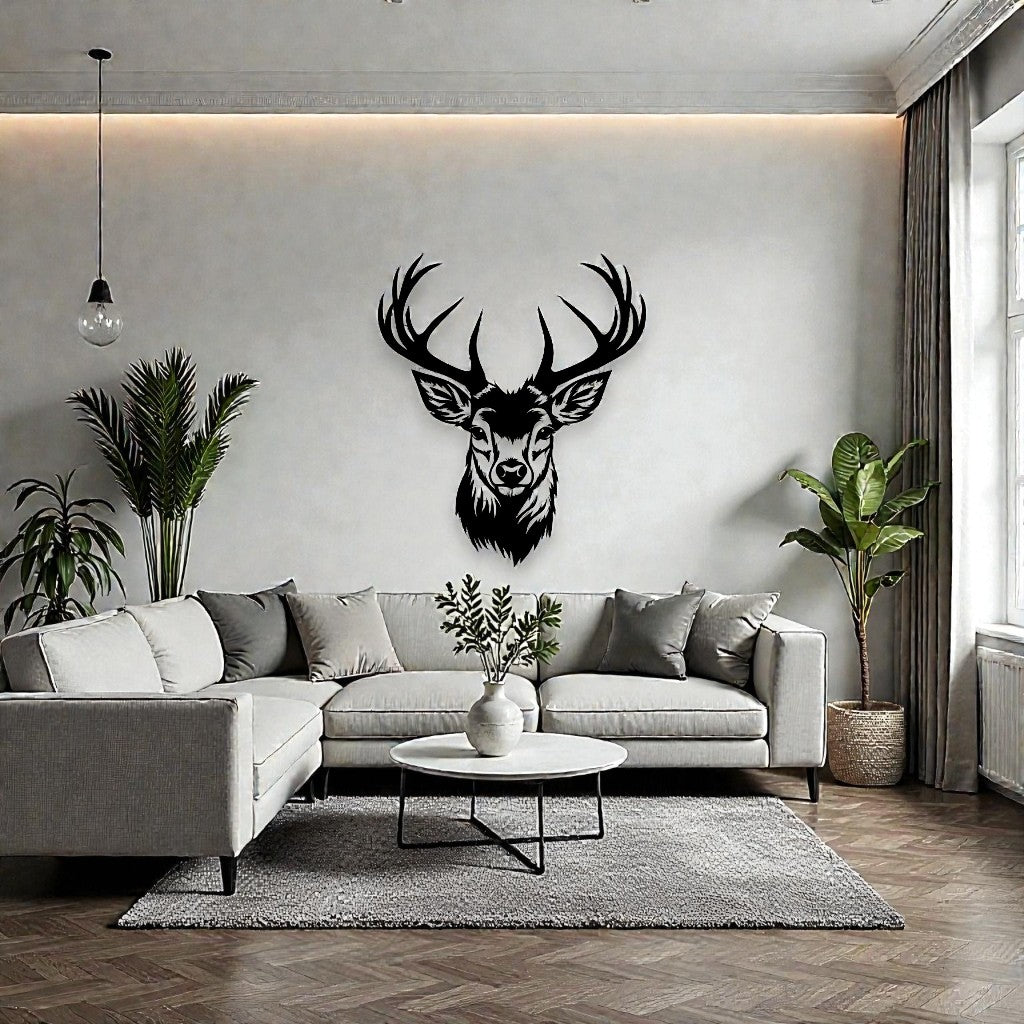 Lastra metallica personalizzabile con volto di cervo installata su parete in salotto arredato
