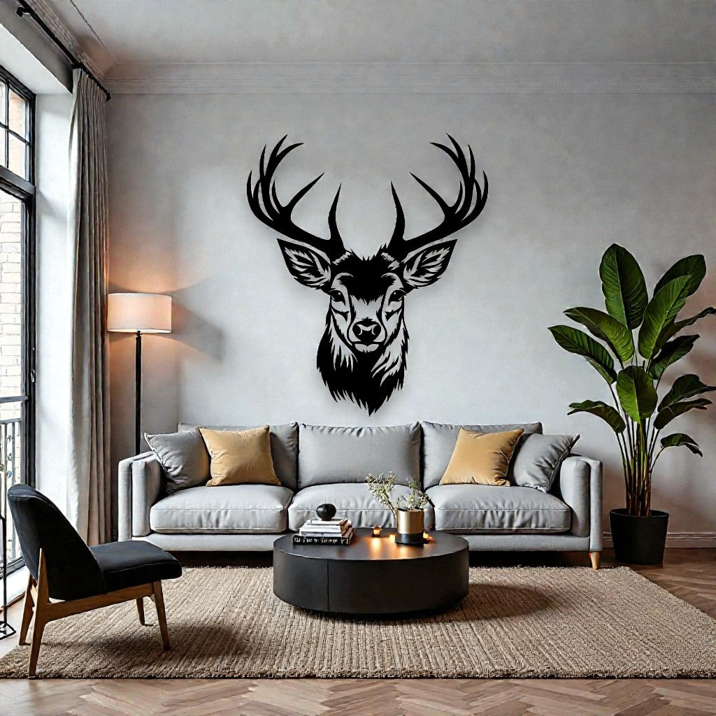Decorazione in metallo raffigurante volto di cervo appesa in un soggiorno moderno con arredi contemporanei
