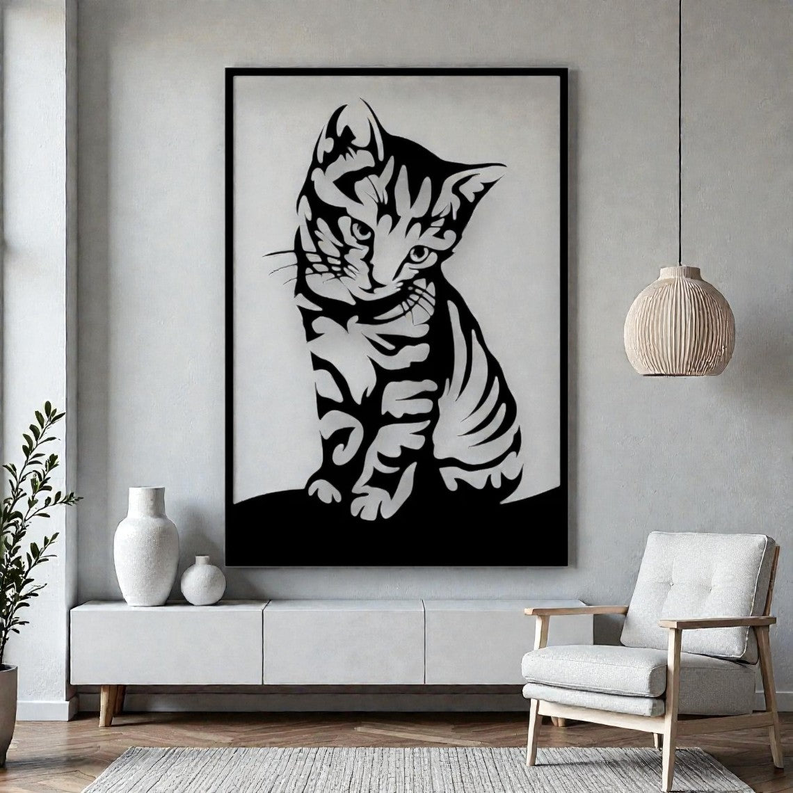 Lastra in ferro a forma di gatto 200cm installata a parete, grande decorazione metallica taglio laser
