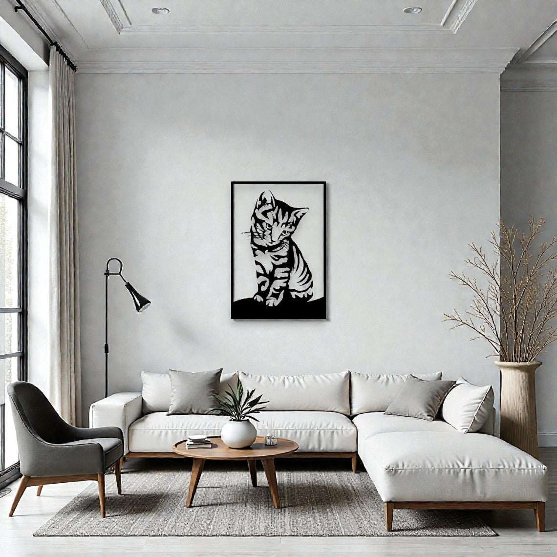 Lastra in ferro a forma di gatto 50cm installata a parete, decorazione murale in metallo taglio laser
