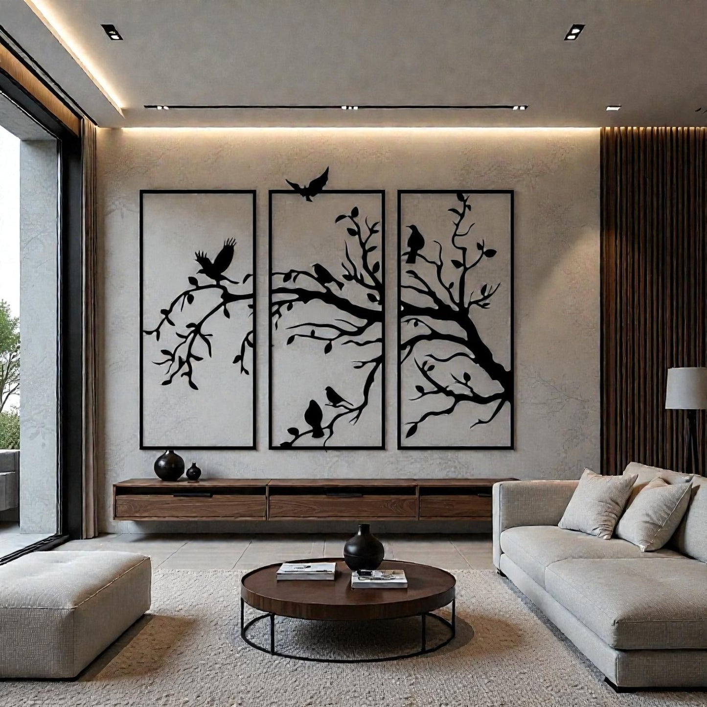 Pannello decorativo in metallo con rami e uccellini taglio laser - arredamento parete moderno