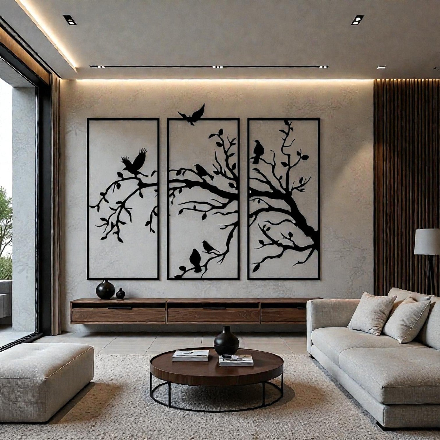 Pannello decorativo in metallo con rami e uccellini taglio laser - arredamento parete moderno