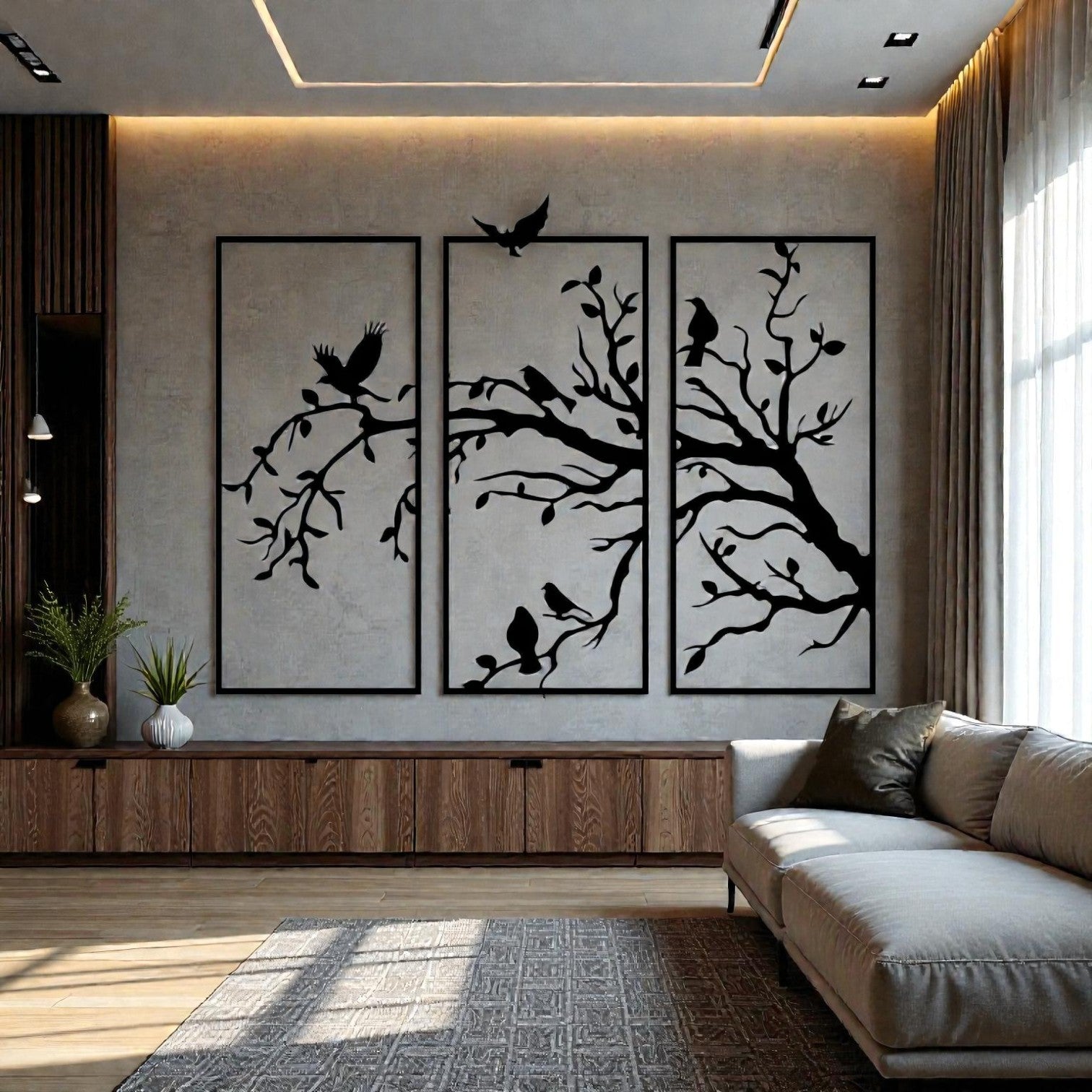 Arte da parete con motivo naturale rami e uccellini in metallo lavorato a mano per salotti e interni