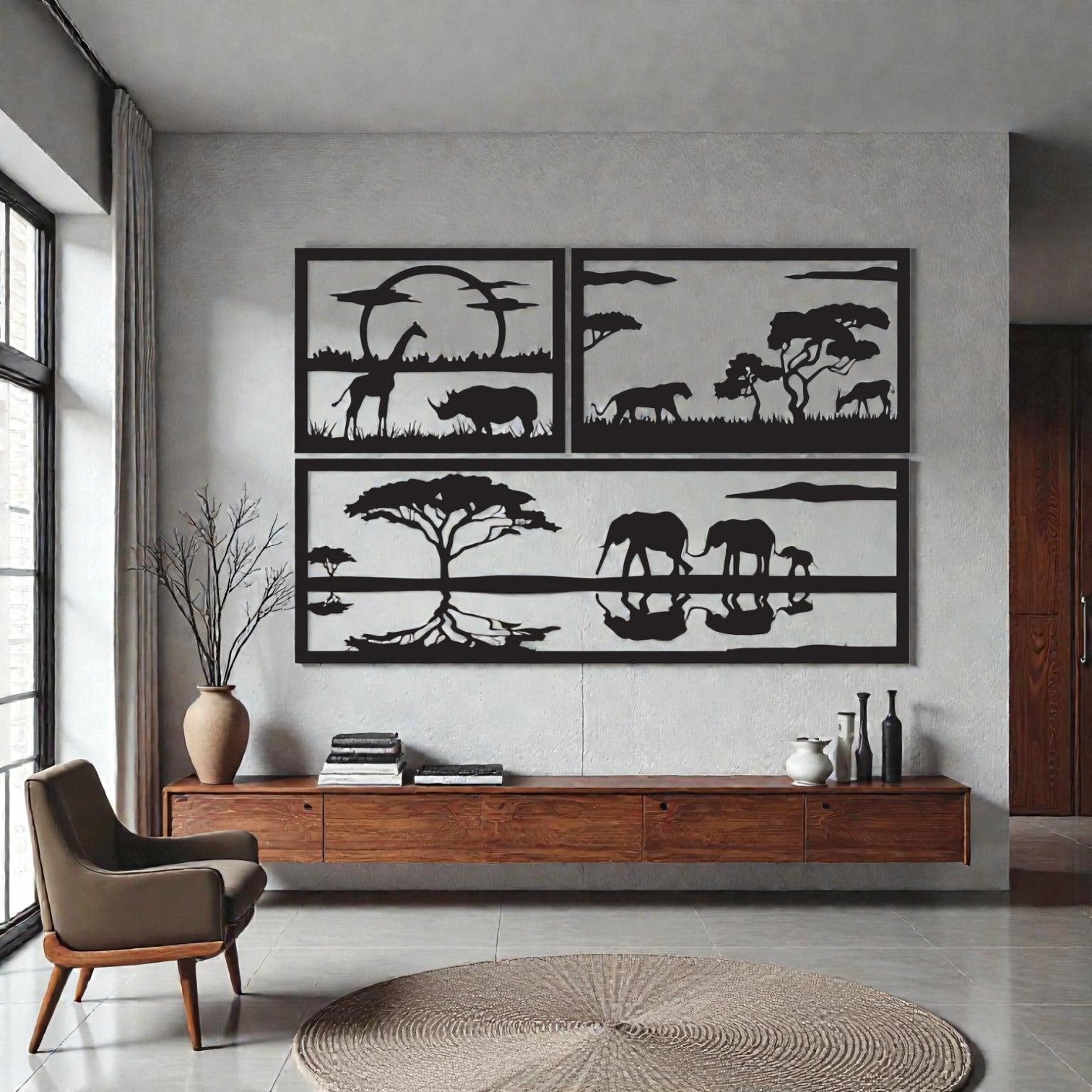 Arte da parete Savana in metallo per piccoli spazi - soluzione arredo compatto