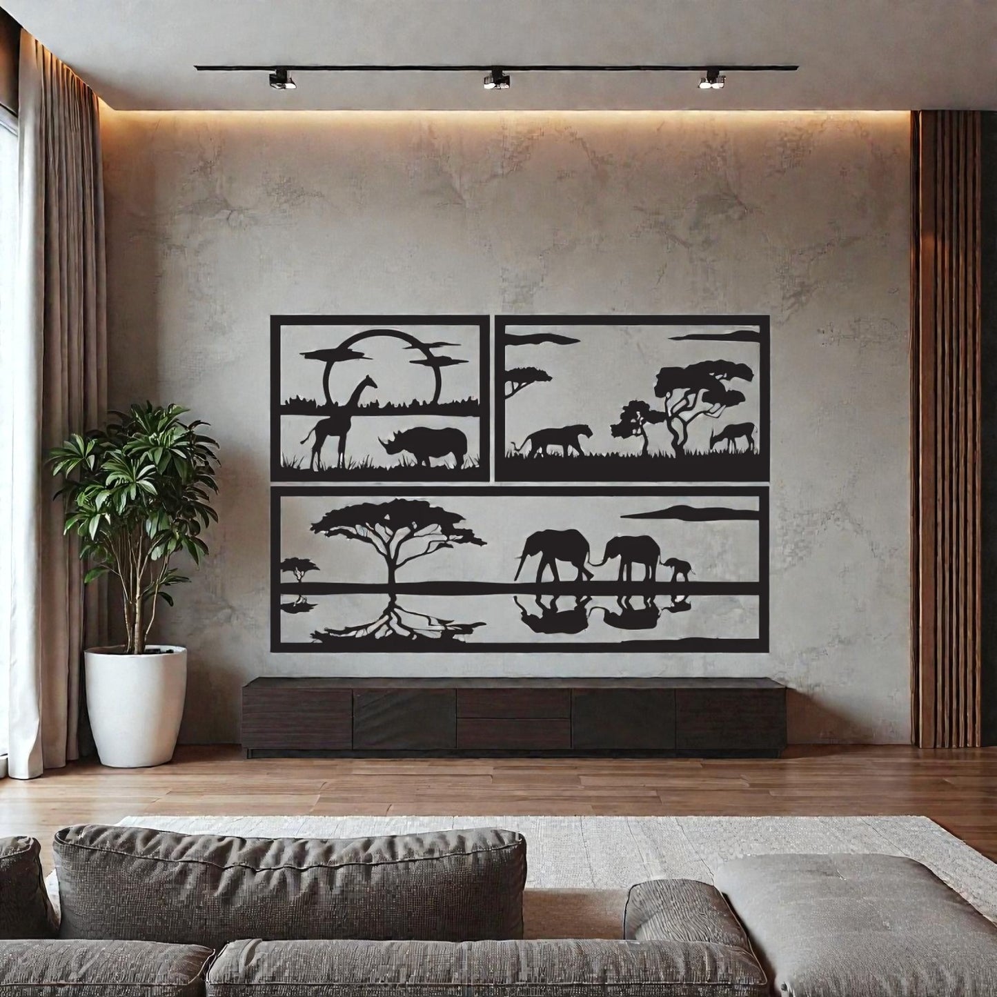 Quadro Savana in metallo installato in salone moderno - esempio arredamento parete