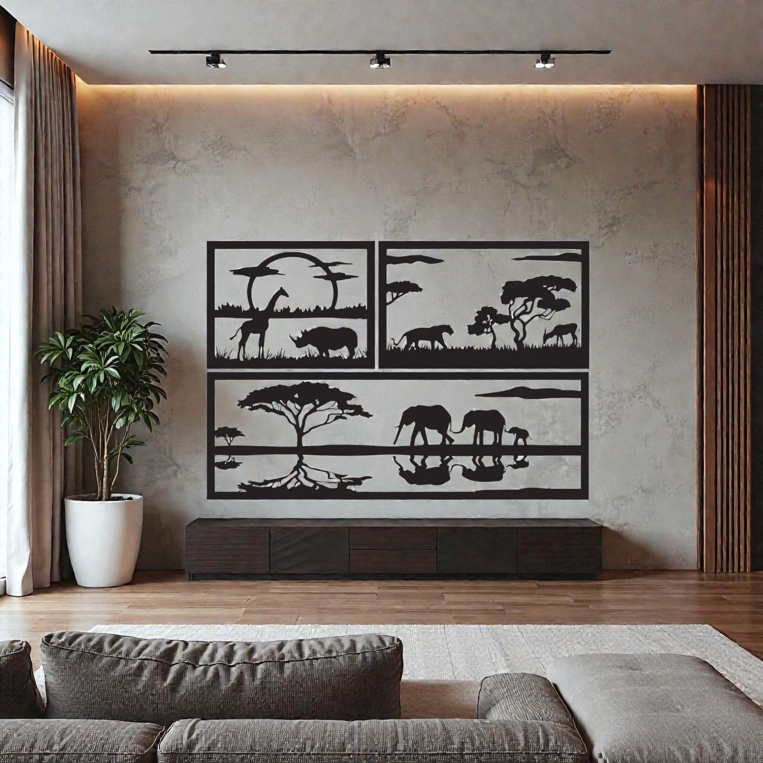 Quadro Savana in metallo installato in salone moderno - esempio arredamento parete